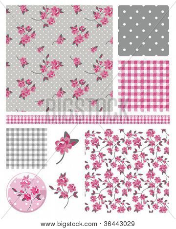 Pretty Shabby Chic Floral Vector Seamless Patterns and Icons.  Use to create digital paper for scrap booking or fabric projects.