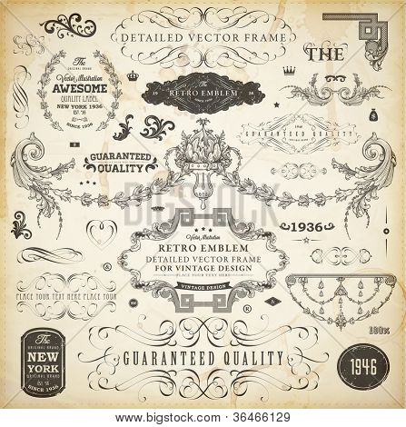 Vector set of calligraphic design elements: page decoration, Premium Quality and Satisfaction Guarantee Label, antique and baroque frames and ornaments | Old paper texture.