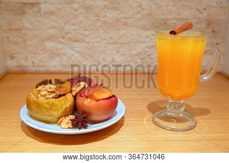 Warm Autumn Drink And Sweet Healthy Baked Apples,  Copy Space.