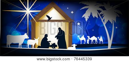 Christmas Christian nativity scene, three wise men or kings, farm animals and star of Bethlehem 