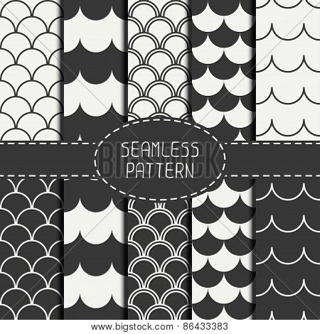 Set of seamless retro vintage marine geometric line pattern. Tiling. Collection of packaging paper.