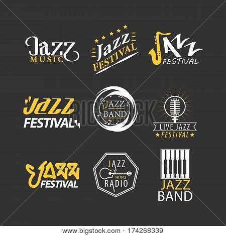 Jazz festival logos set isolated on black background. Jazz festival logotypes, advertisement emblems with musical symbols for jazz music promotion. Vector illustration of labels for jazz brand