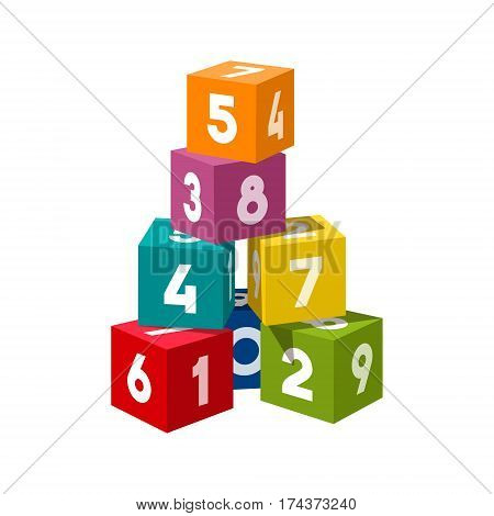 Bright colored bricks building tower. Block vector illustration on white background. Numeral cubes with numbers.