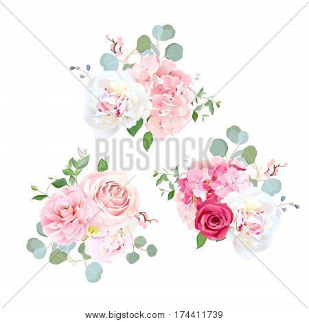 Bouquets of rose, peony, camellia, hydrangea and eucalyptus. Elegant vector floral design. Pink, white and red wedding flowers and delicate leaves. All elements are isolated and editable.