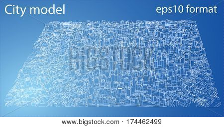 Wire-frame City, Blueprint Style. 3D Rendering Vector Illustration. Architecture Design Background