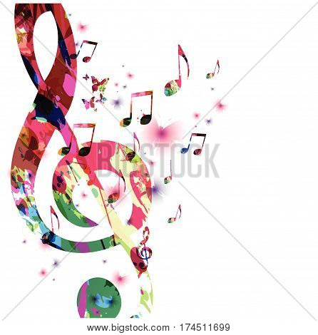 Colorful music notes with butterflies isolated vector illustration. Music background for poster, brochure, banner, flyer, concert, music festival