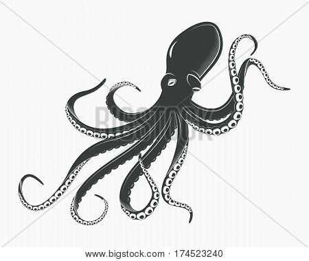 Underwater monster with suction cups, cartoon octopus with tentacles. Octopoda and swimming ocean cuttlefish, aquarium or sea spineless mollusk. Animal and zoology, tattoo or mascot theme