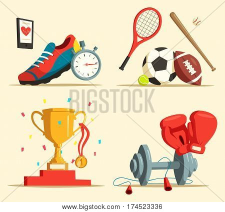 Jogging or running shoes, trophy or cup with medal and confetti, boxing gloves and dumbbell, skipping rope, tennis racket and soccer, rugby ball and baseball bat. Sport activity or exercise theme