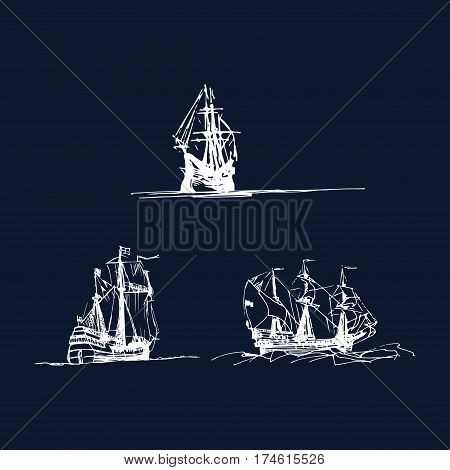 Vector set of sailing galleon ships in the ocean in ink line style. Hand sketched old warships. Marine theme design