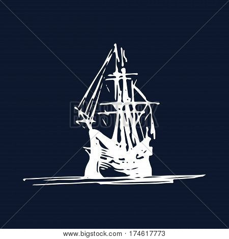 Sailing galleon ship in the ocean in ink line style. Vector hand sketched old warship. Marine theme design