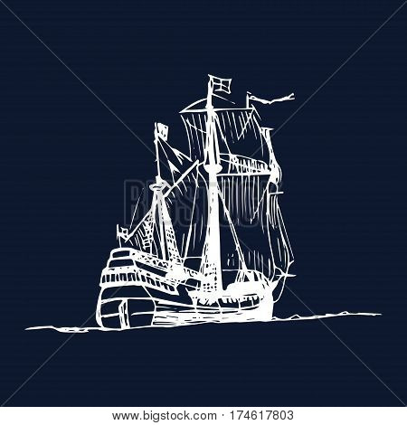 Sailing galleon ship in the ocean in ink line style. Vector hand sketched old warship. Marine theme design