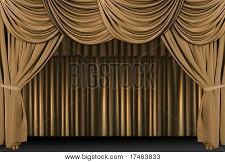 Old fashioned, elegant theater stage with gold velvet curtains.