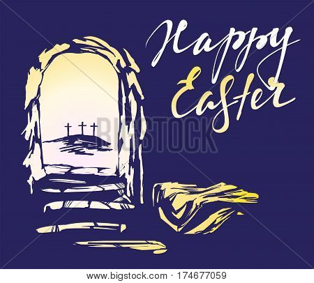 Easter Jesus Christ rose from the dead. Sunday morning. Dawn. The empty tomb in the background of the crucifixion. symbol of Christianity hand drawn vector illustration sketch