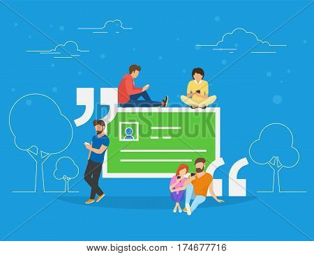 Testimonials quote symbol concept illustration of people using smartphone to make comments in social network. Flat people addicted to leave testimonials for images and news sitting on big quote symbol