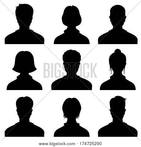 Male and female head silhouettes avatar, profile vector icons, people portraits. Black silhouette photo user person, illustration of profile user woman or man