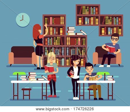 Studying students in library interior with books and bookshelves vector illustration. Student college in library studying and reading, student learning textbook