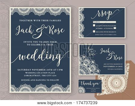 Rustic Wedding Invitation Design Template. Include RSVP card Save the date card thank you tags. Vintage Round Mandala Ornamental. Vector illustration.