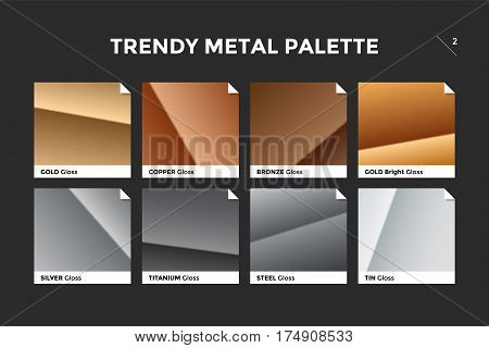 Gold, copper, bronze and silver gradient template. Collection palette of colorful metallic gradient illustrations with gloss for backgrounds, textures. Realistic metallic palettes. Vector Illustration