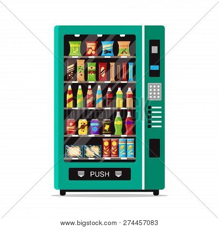 Full Vending Machine With Fast Food Snacks And Drinks Isolated On White. Automat Vendor Machine Fron