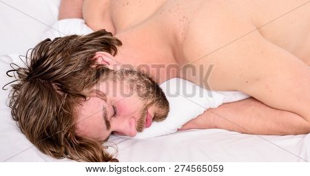 Sleep And Relax Concept. Man Handsome Guy Sleep. Sleep Is Vital To Your Physical And Mental Health. 