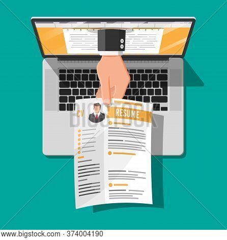 Job Resume Document Out From Laptop. Hand Holding Cv Resume Papers. Human Resources Management Conce