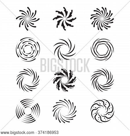 Spinning Swirls Set. Circular Spirals, Radial Twirls, Monochrome Twisting Shapes In Motion. Vector I