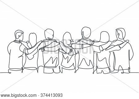 Single Continuous Line Drawing About Group Of Men And Woman From Multi Ethnic Standing Together To S