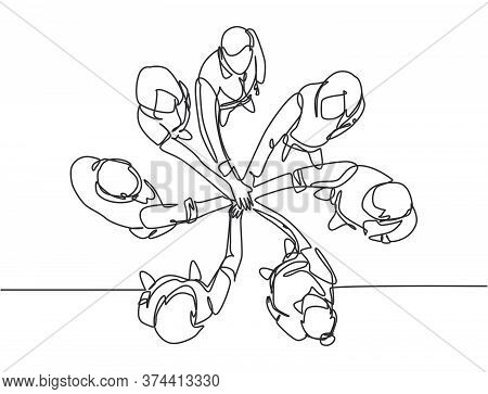 One Single Line Drawing Group Of Young Happy Business People Unite Their Hands Together To Form A Ci