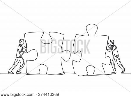 One Continuous Line Drawing Of Two Young Businessmen Push Puzzle Pieces To Unite Them As Sign To Sta