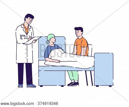 Sick Patient Lies In A Hospital Ward Vector Illustration. Treatment Cancer. Oncology. Palliative Sup