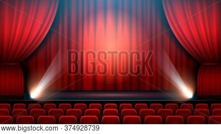 Theater Show Stage Interior With Red Curtain, Spotlight And Theater Chairs. Entertainment Show Theat