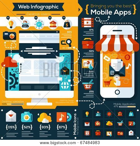 set of flat design illustrations and flat icons for mobile phone and web apps. Icons for social network, file sharing, online shopping  and mobile services 