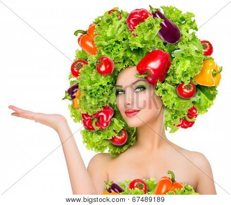 Beauty girl with Vegetables hair style. Beautiful happy young woman with vegetables on her head. Healthy food concept, diet, vegetarian food. Dieting concept. Weight loss. Vegan food. Healthy eating