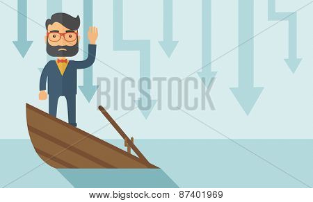 A sad man with beard wearing eyeglasses standing on a sinking boat with those arrows on his back pointing down symbolize that his business is loosing. He needs help. A contemporary style with pastel