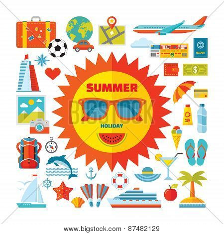 Summer holiday - vector icons set in flat style design. Summer signs collection.