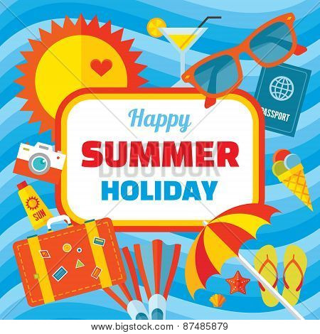 Happy summer holiday - creative vector banner in flat style design. Background.