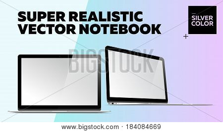 Super Realistic Vector Notebook with Blank Screen. Silver Color. Isolated Mockup with Thin Laptop for Web Website User Interface. Front and Side View Macbook Style.