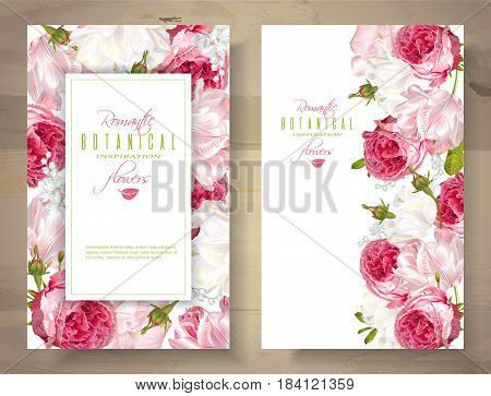 Vector vertical banners with garden roses and tulip flowers on white background. Romantic design for natural cosmetics, perfume, women products. Can be used as greeting card or wedding invitation