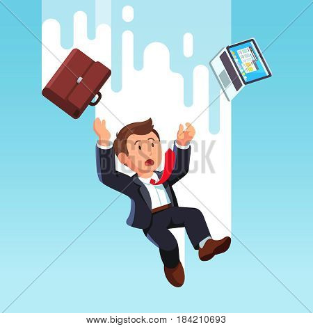 Shocked business man with laptop computer falling down fast from the sky after being fired or making a mistake in work. Bankruptcy and economic crisis concept. Flat style modern vector illustration.