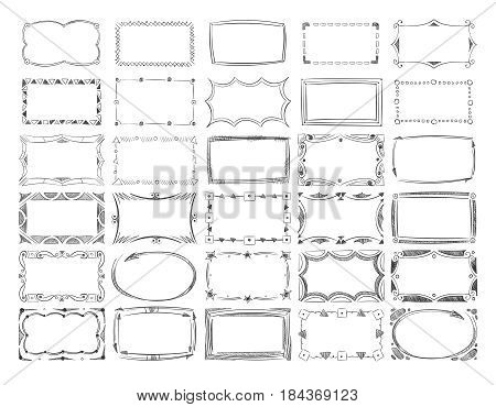 Square doodle image frames, hand drawn line borders vector set. Frame square sketch, illustration of decoration vintage frame