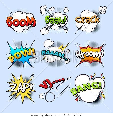 Cartoon speech bubbles, explode bang sound with comic text elements vector collection. Comic speech explosion bang text, illustration of boom bubble speech