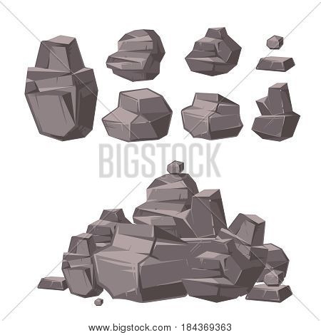 Cartoon 3d rock, granite stones, stack of boulders vector set, architecture elements for landscaping design. Heap granite stones, illustration of cartoon natural rock stone