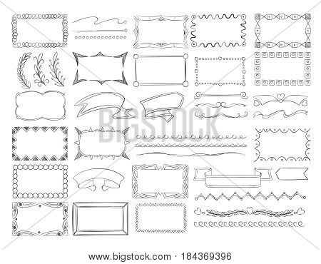 Doodle frame borders, hand drawn ribbon banners and sketch design decoration elements vector set. Frame and branch, ribbon and curl elements, illustration of creativity decoration frames