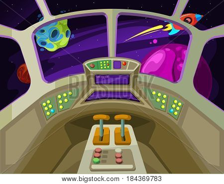 Cartoon spaceship cabin interior with windows into space with alien planets vector illustration. Interior of spaceship or rocket