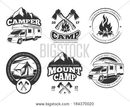 Vintage vector labels set with camper near mountain, tent and firtrees. Monochrome camping logo elements. Emblem outdoor adventure camp, illustration of vintage mountain camp label