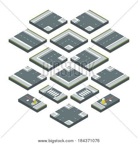 Isometric city elements road, grass and crossroads. Vector illustrations set isolate on white background. Elements parts of road, asphalt road section for design