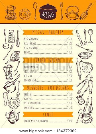 Restaurant food menu for lunch. Hand drawn pictures of kitchen tools. Vector illustration. Design menu with kitchen tools, restaurant menu breakfast and lunch