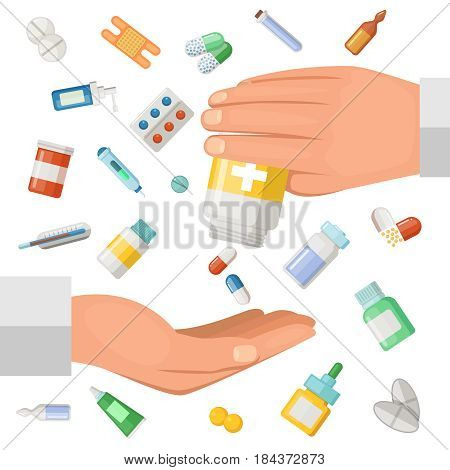 Concept illustration with hands of the doctor and some medical elements. Pharmaceutical pills, drugs. Medical drugs in hand, pharmacy antibiotic and medication