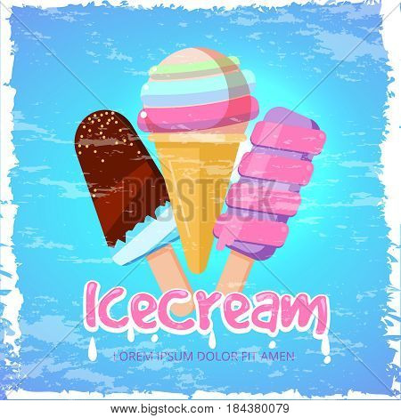 Ice cream dessert summer vector poster, menu design template. Ice cream food, illustration of template banner with color ice cream