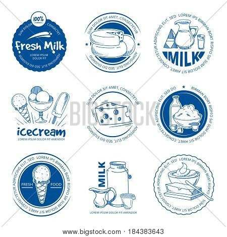 Natural dairy products, farm fresh milk vector hand drawn labels and logos. Label dairy food cheese and butter, illustration of organic dairy product emblem